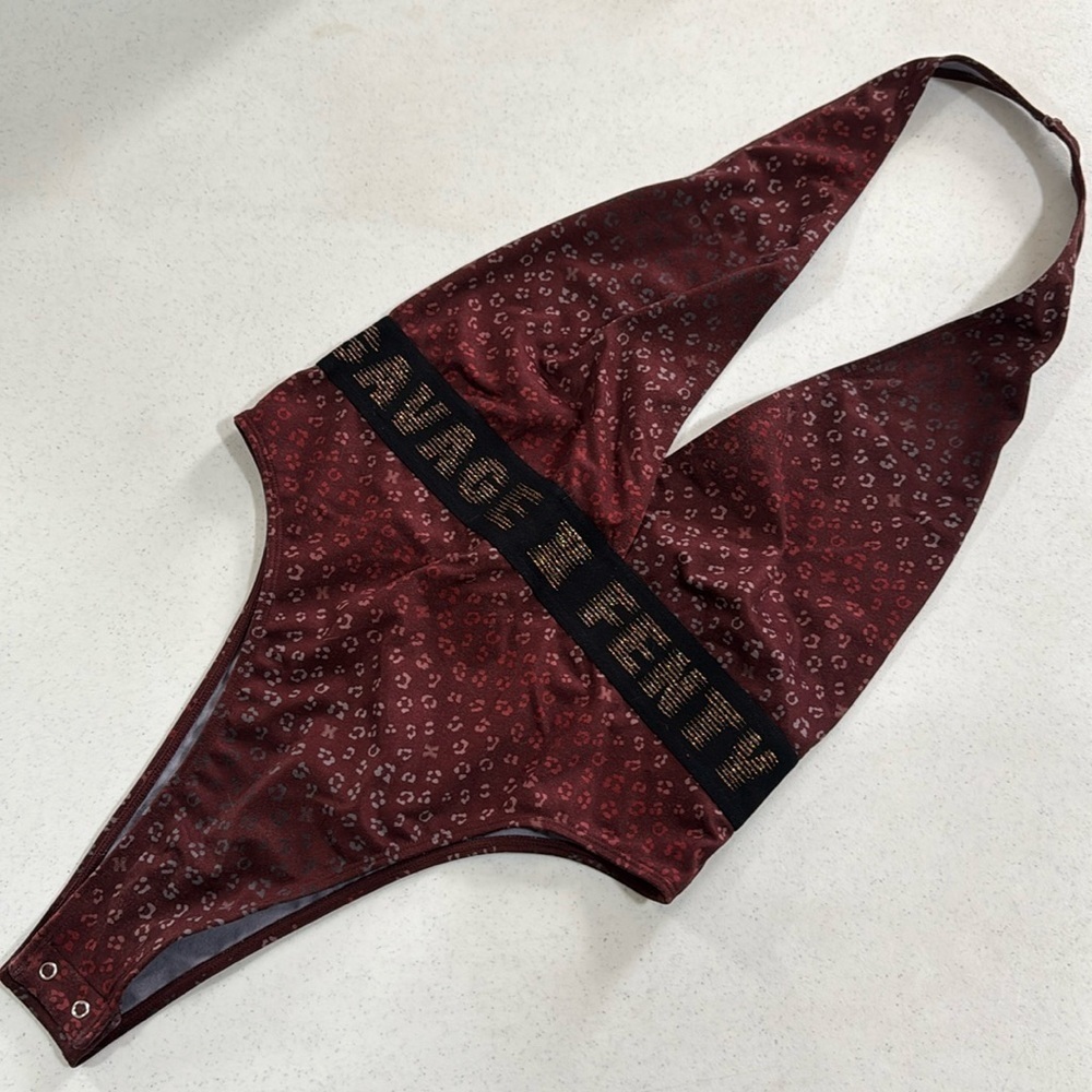Savage x Fenty New Baby Leopard Plunge Halter Bodysuit High Cut Bottoms Wine EUC